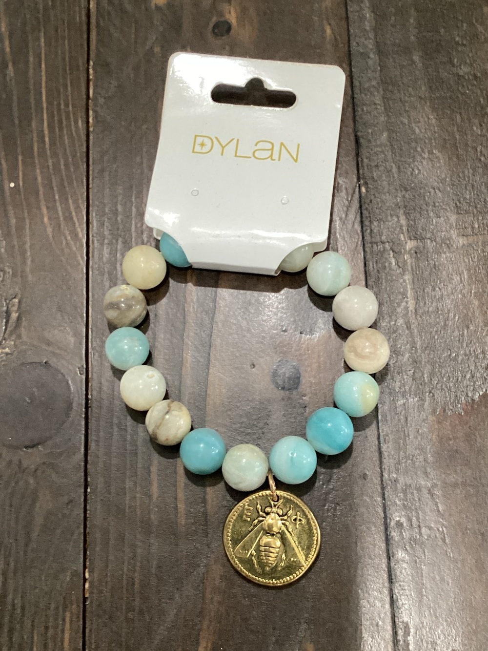 dylan Turquoise and Cream Beaded Bracelet with Gold Bee Medallion